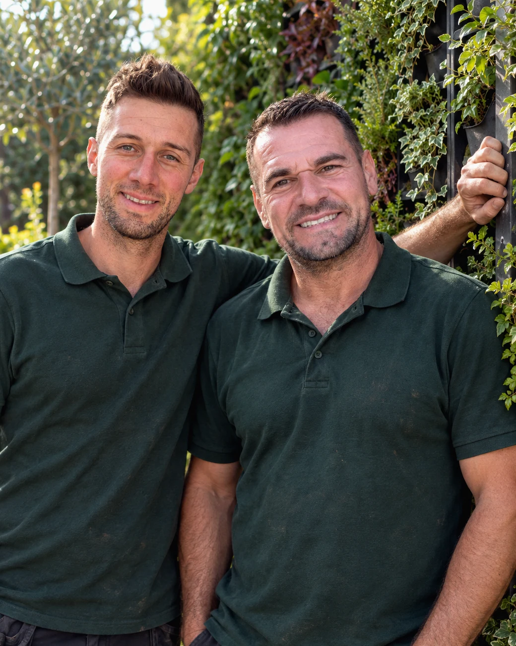 Roberto y Luis Baena delante de uno de los jardines verticales que instalan