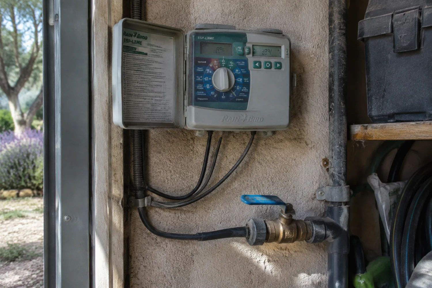 Programador de riego automático instalado en la pared