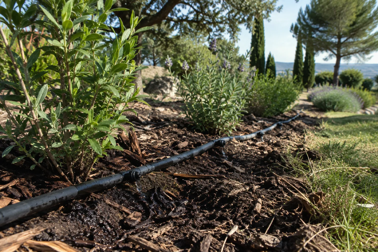 Línea de riego por goteo entre arbustos recién plantados
